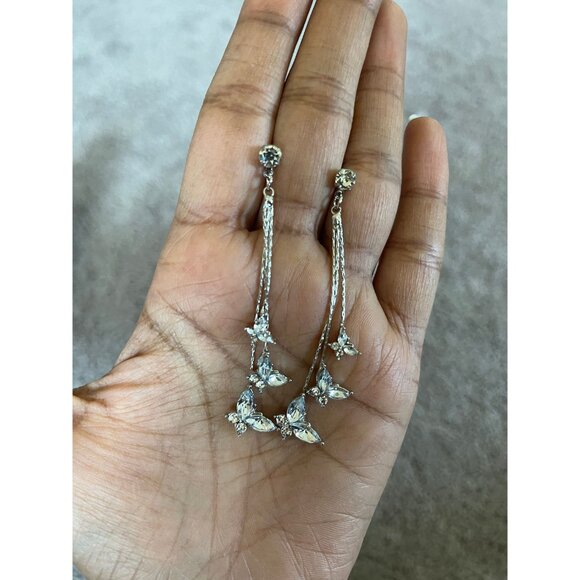 Silver butterfly earrings ,long clear rhinestone fringe chain gold bride earring - Picture 7 of 8